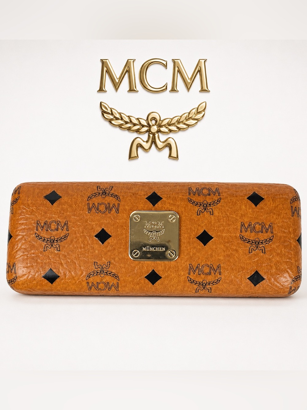 MCM Cognac with Gold Tone Monogram Eyeglasses Case